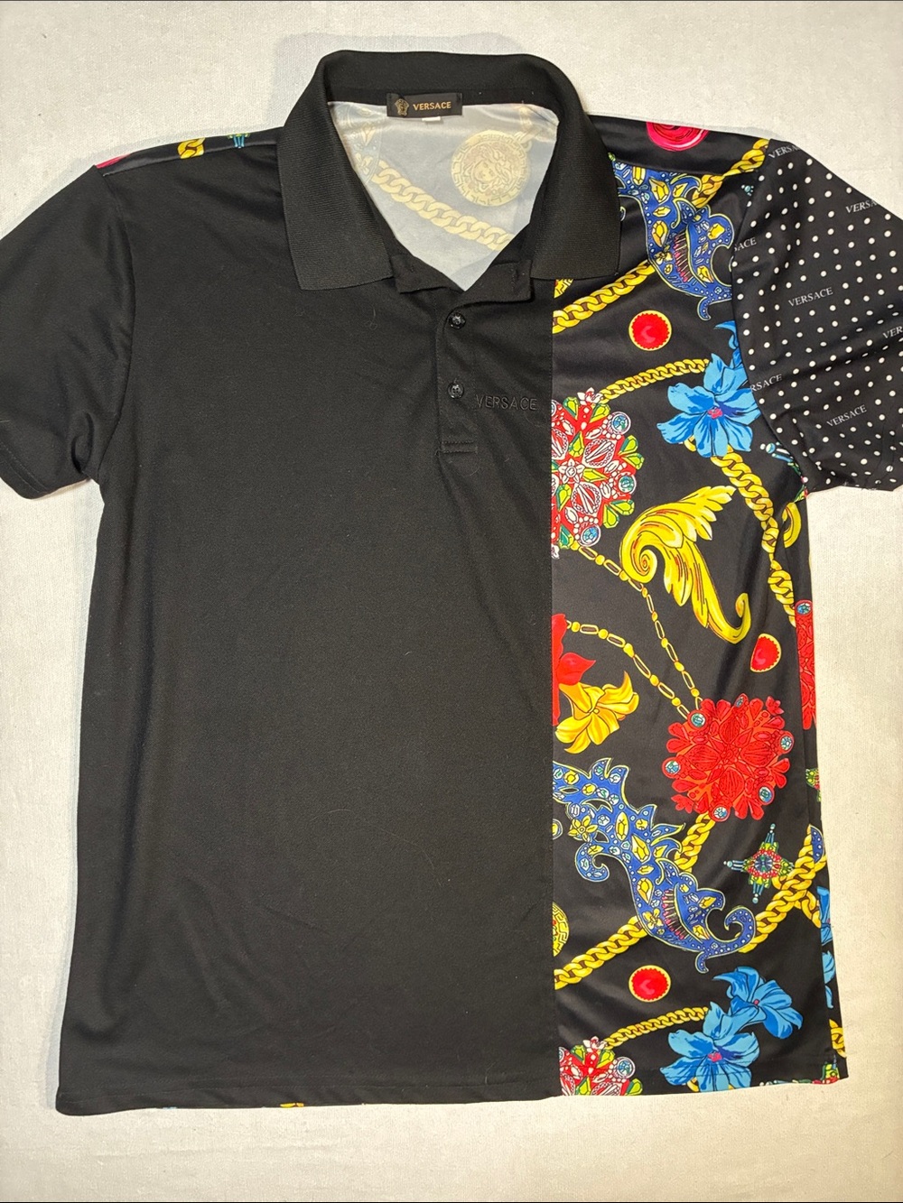 Versace Black Polo with Vibrant Baroque Print Panel